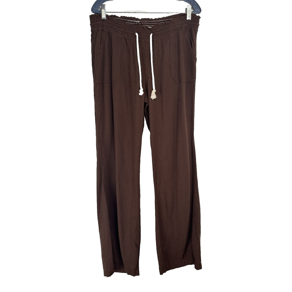 April Kiss‎ Women's Pants Size Large Brown Drawstring Linen Blend Beachy Coastal